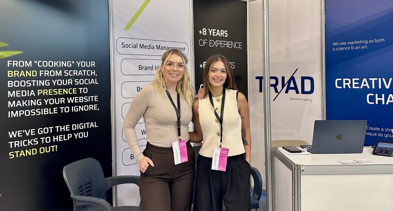 Triadvertisement team at Future2Tech Fair Tirana Triad Marketing Agency Adela Osmani Xhenisa Xhangolli Triadvertisement Future2Tech 2025 Albania digital marketing stand